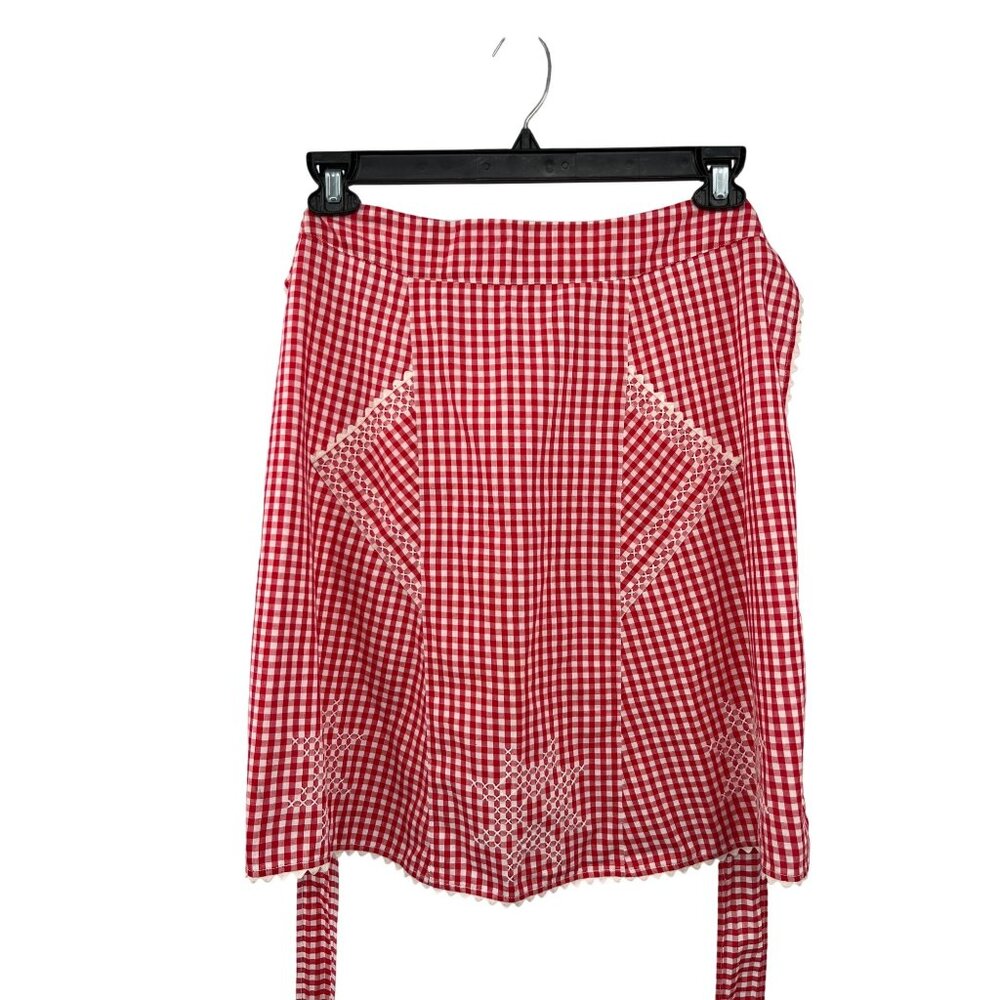 Vintage Red Gingham Half Apron Embroidered Pockets Farmhouse OSFM